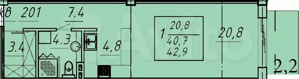 1-к. квартира, 42,9 м, 2/8 эт. - Фото 1