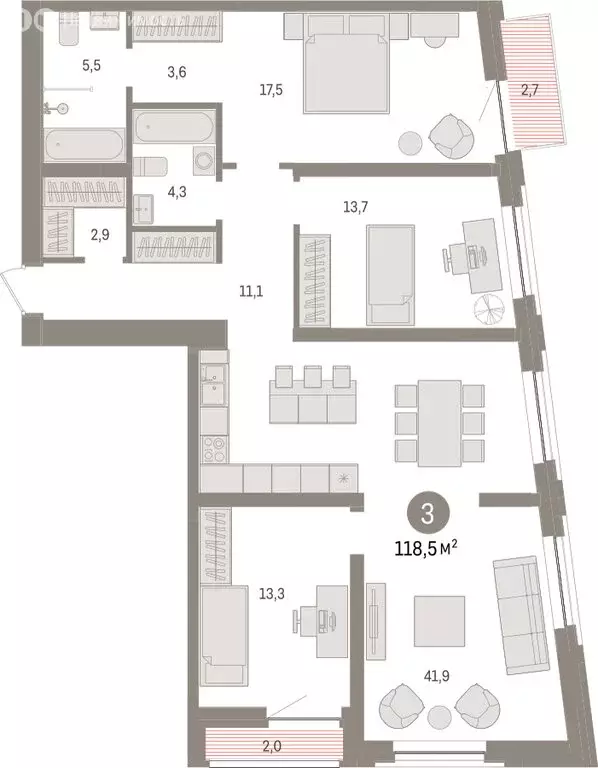 3-комнатная квартира: Тюмень, жилой комплекс Речной Порт (118.5 м) - Фото 2