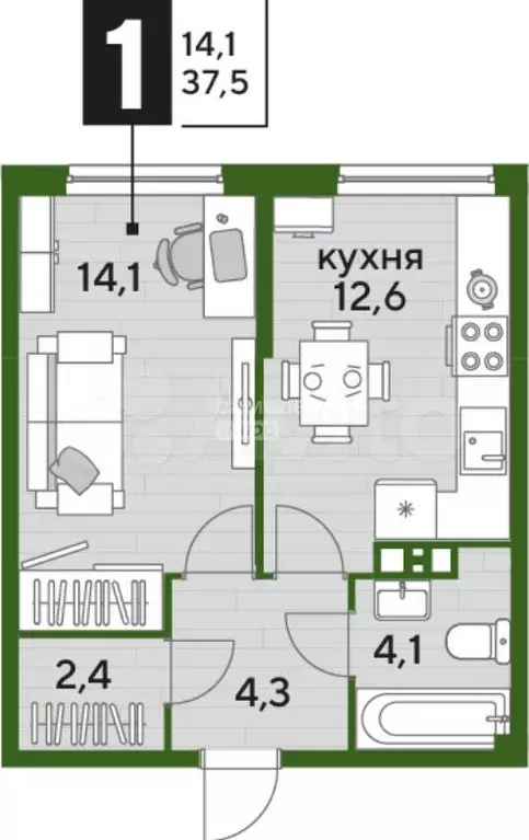 1-к. квартира, 37,5 м, 4/16 эт. - Фото 0