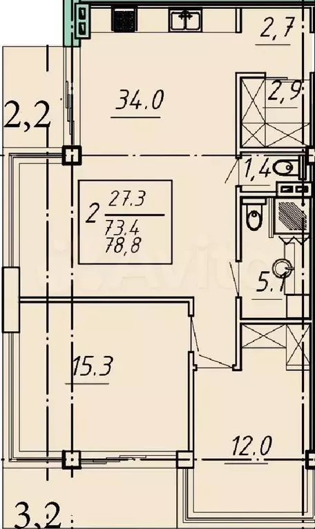 2-к. квартира, 78,8 м, 4/8 эт. - Фото 1