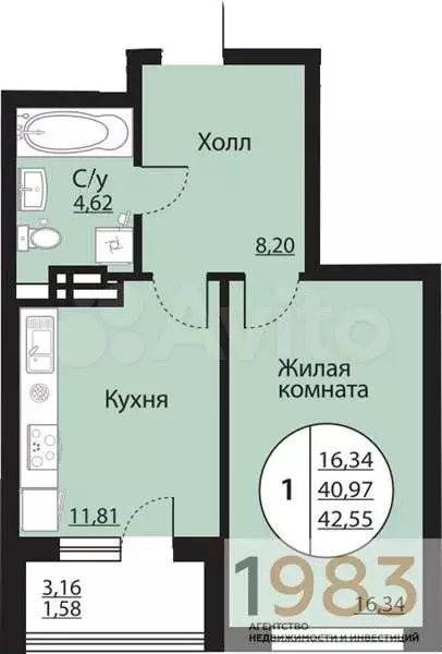 1-к. квартира, 42,6 м, 13/24 эт. - Фото 0