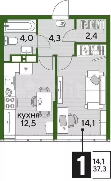 1-к. квартира, 37,3 м, 15/16 эт. - Фото 1