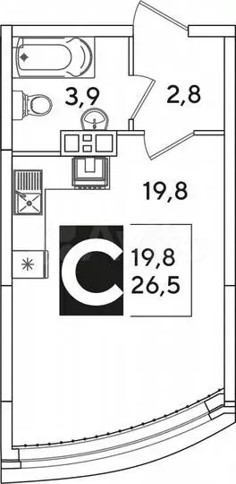 Квартира-студия, 26,5 м, 2/16 эт. - Фото 1