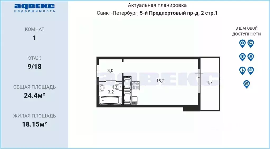 Студия Санкт-Петербург 5-й Предпортовый проезд, 2 (24.4 м) - Фото 2