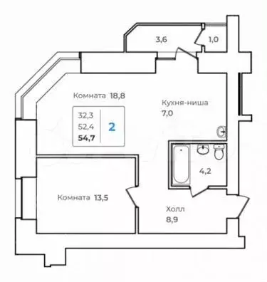 2-к. квартира, 54,7 м, 9/14 эт. - Фото 0