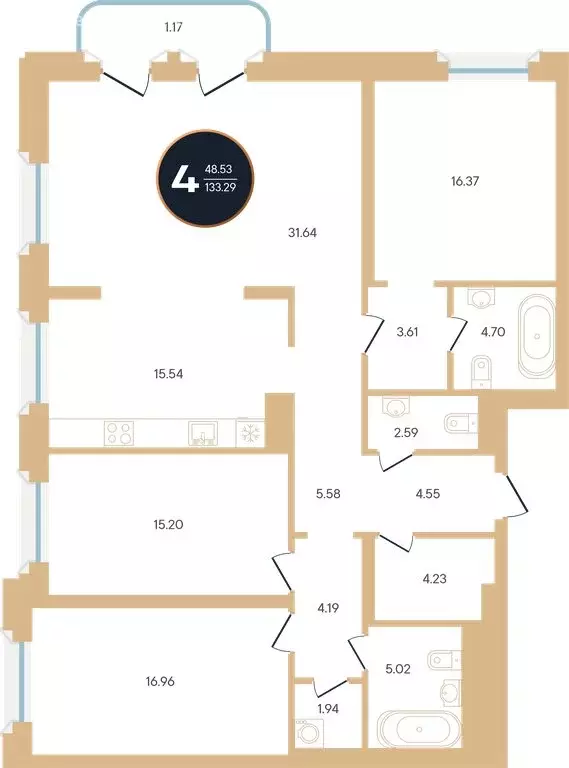 4-комнатная квартира: Уфа, улица Рихарда Зорге, 73/1 (133.29 м) - Фото 0