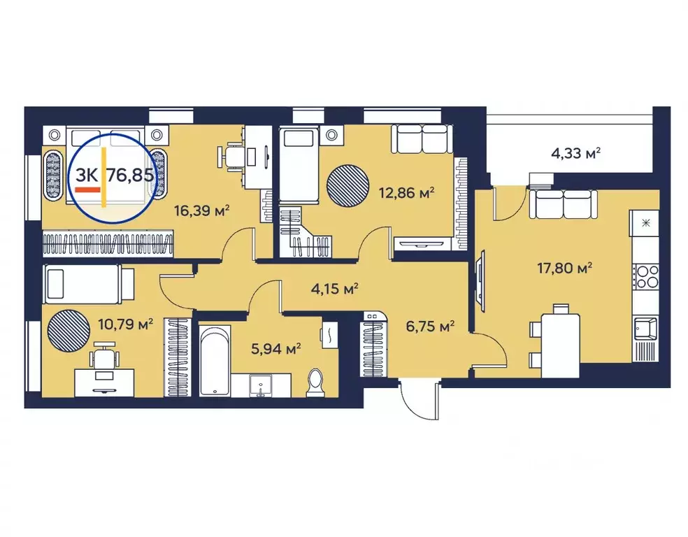 3-к кв. Тюменская область, Тюмень ул. Менжинского, 60 (76.6 м) - Фото 0