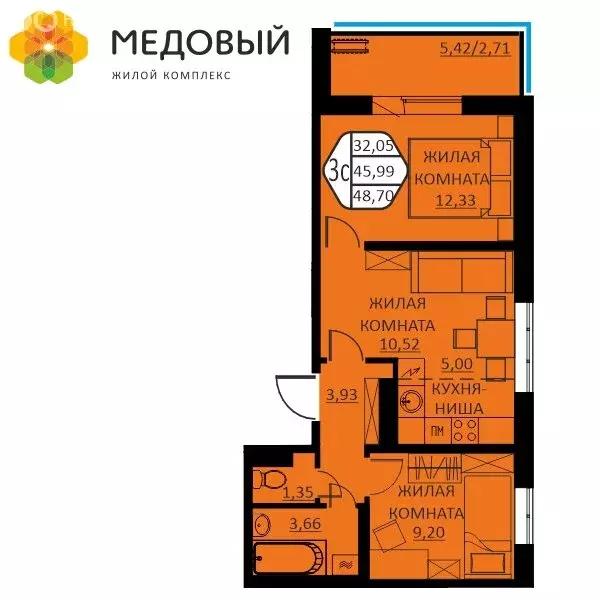 3-комнатная квартира: деревня Кондратово, улица Г.Н. Нифантова, 12 ... - Фото 0