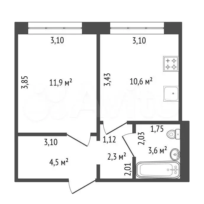 2-к. квартира, 32,9 м, 9/9 эт. - Фото 1