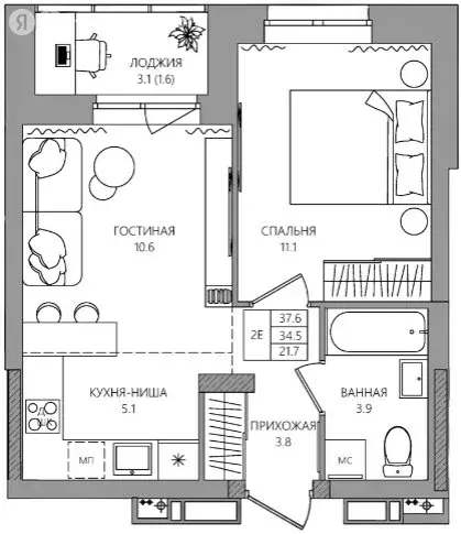 2-комнатная квартира: Кондратово, Водопроводная улица, 5 (36.1 м) - Фото 1