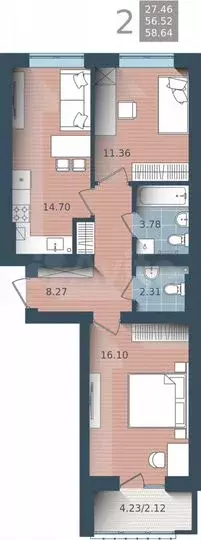 2-к. квартира, 59м, 2/4эт. - Фото 1