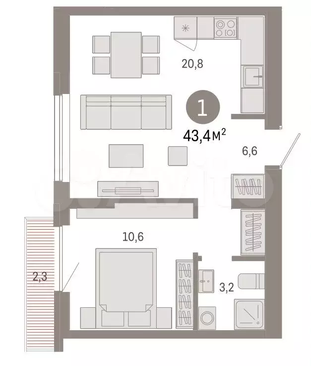 1-к. квартира, 40,3 м, 5/9 эт. - Фото 0