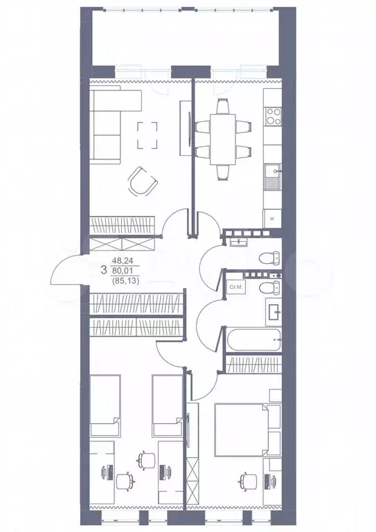 3-к. квартира, 85,1 м, 1/3 эт. - Фото 0