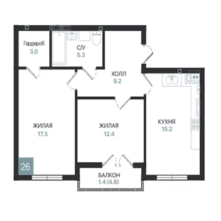 2-к кв. Калининградская область, Балтийск Московская ул., 16Ак3 (63.8 ... - Фото 1