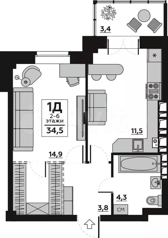 1-к. квартира, 34,5 м, 6/6 эт. - Фото 0