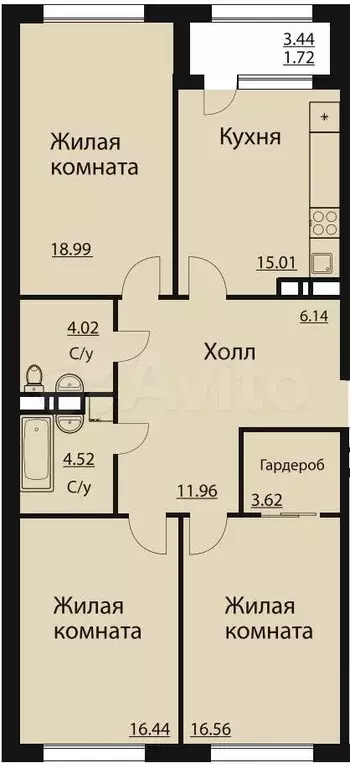 3-к. квартира, 99м, 3/10эт. - Фото 1