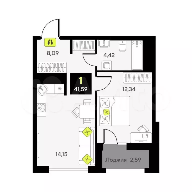 1-к. квартира, 41,6 м, 5/10 эт. - Фото 0