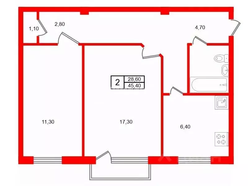 2-к кв. Санкт-Петербург ул. Замшина, 9 (45.4 м) - Фото 2