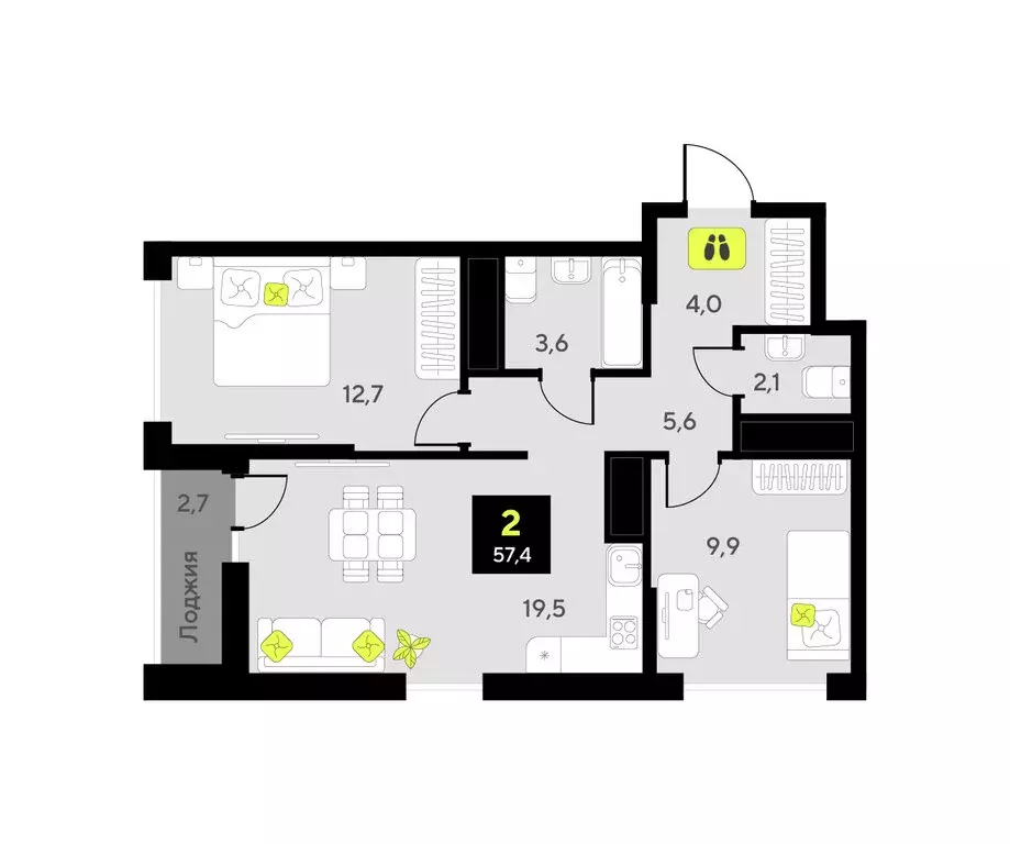 2-комнатная квартира: Тюмень, улица Андрея Приказнова, 1 (57.4 м) - Фото 1