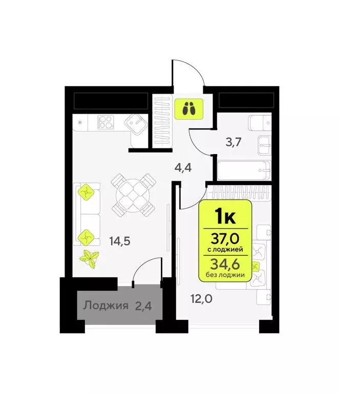 1-комнатная квартира: Тюмень, улица Андрея Приказнова, 7 (37 м) - Фото 1