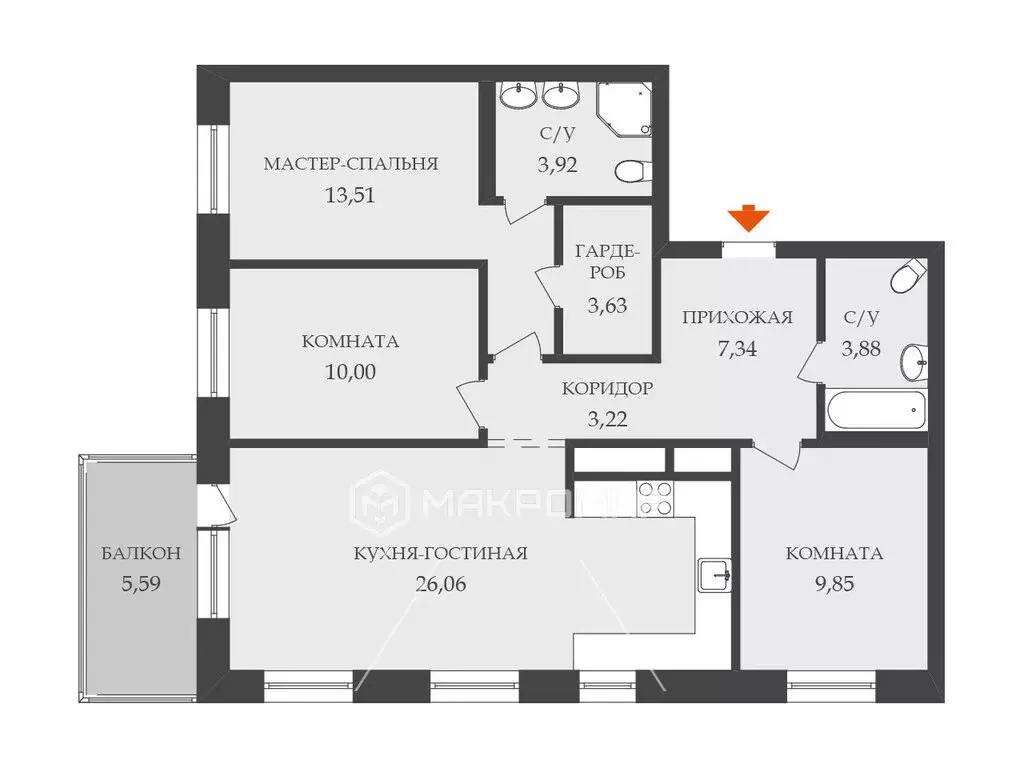 3-комнатная квартира: Санкт-Петербург, Комендантский проспект, 58к1 ... - Фото 2