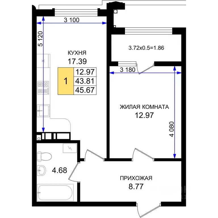 1-к кв. Краснодарский край, Новороссийск 5-я Бригада мкр,  (45.67 м) - Фото 1