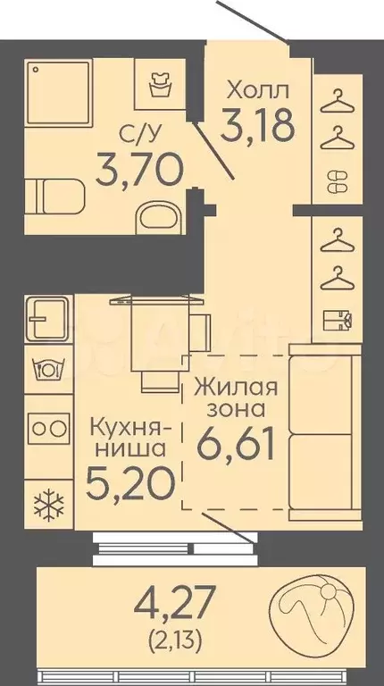 Квартира-студия, 20,8 м, 3/16 эт. - Фото 0