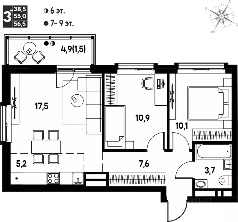 Студия Пермский край, д. Кондратово просп. Дягилева, 2 (56.5 м) - Фото 1