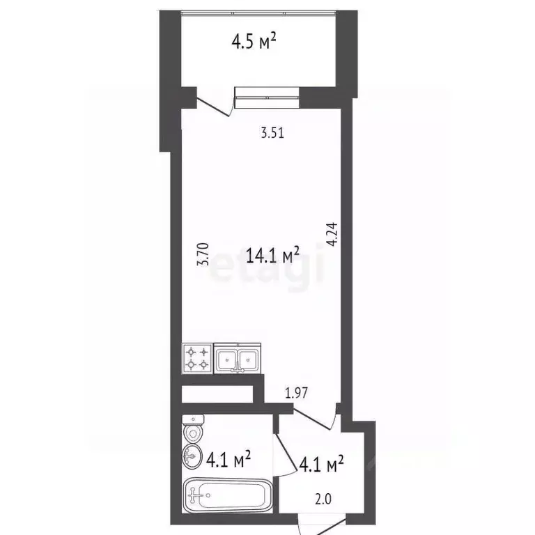 Студия Санкт-Петербург ул. Крыленко, 1к1с8 (22.3 м) - Фото 1