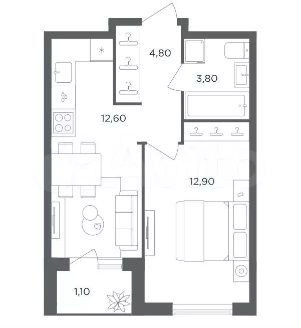 1-к. квартира, 35,2 м, 6/6 эт. - Фото 1