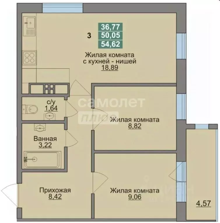 2-к кв. Томская область, Томск ул. Войкова, 49 (54.62 м) - Фото 2