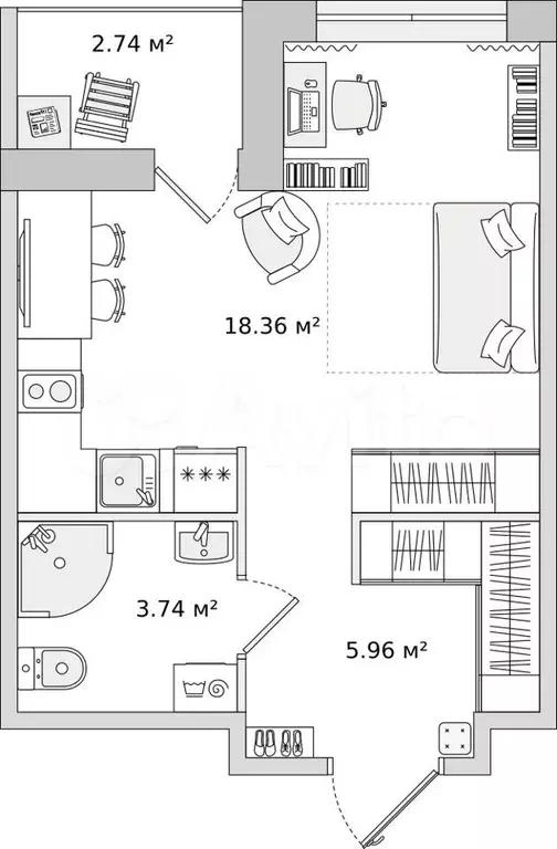 Квартира-студия, 30,8м, 12/17эт. - Фото 1