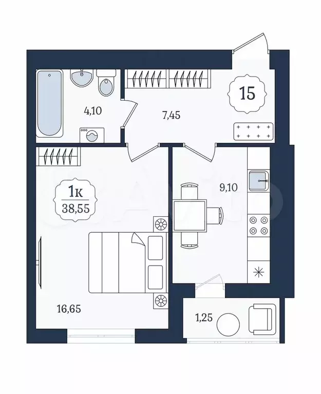 1-к. квартира, 38,6 м, 4/9 эт. - Фото 1