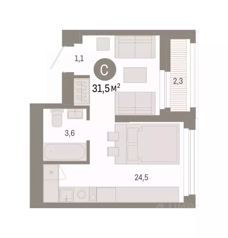 Студия Тюменская область, Тюмень Зарека жилой комплекс (31.46 м) - Фото 2