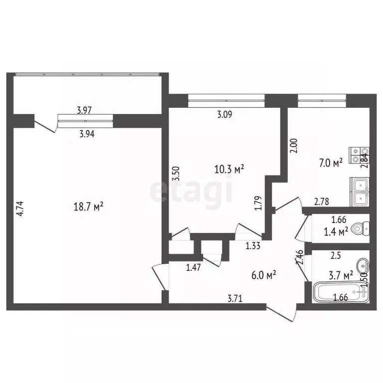 2-к кв. Калининградская область, Калининград ул. Чекистов, 14 (46.3 м) - Фото 1