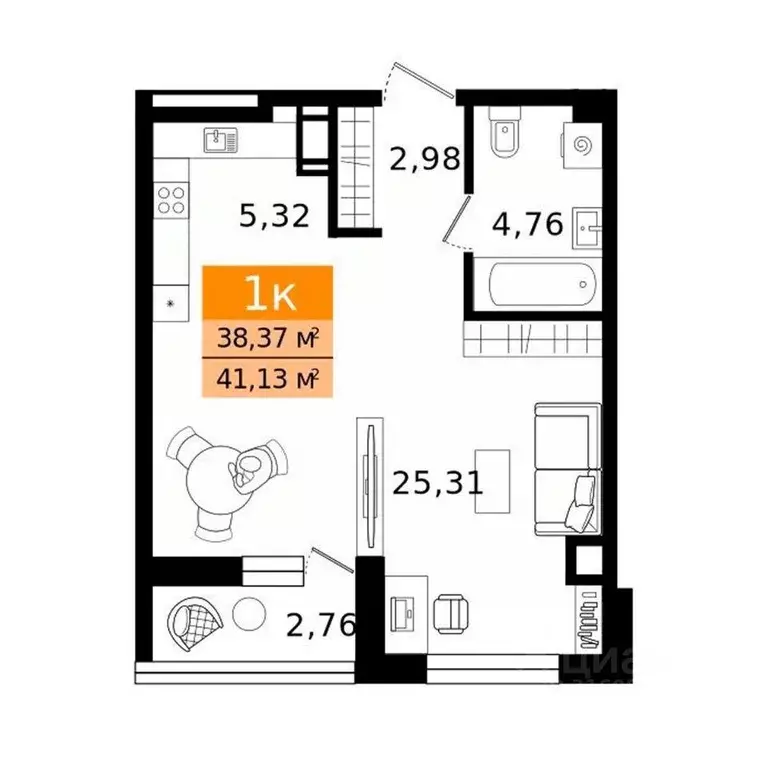 1-к кв. Курганская область, Курган просп. Конституции (41.13 м) - Фото 2