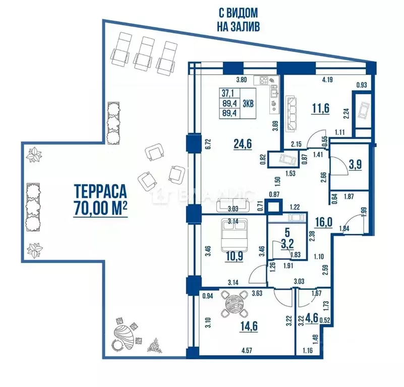 3-к кв. Санкт-Петербург ул. Челюскина, 10 (89.4 м) - Фото 2