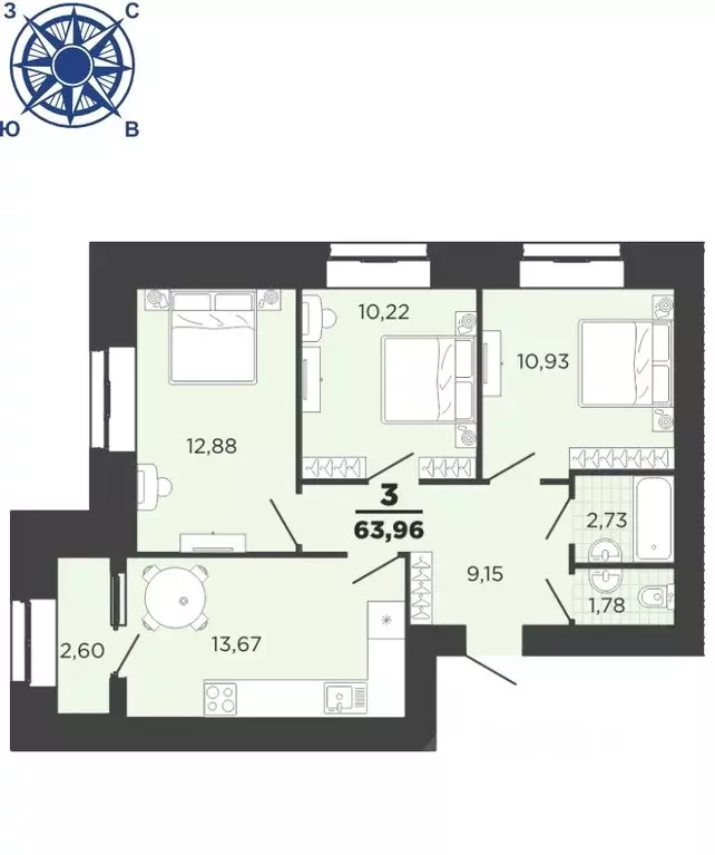 3-к кв. Рязанская область, Рязань ул. Семчинская, 8 (63.96 м) - Фото 1