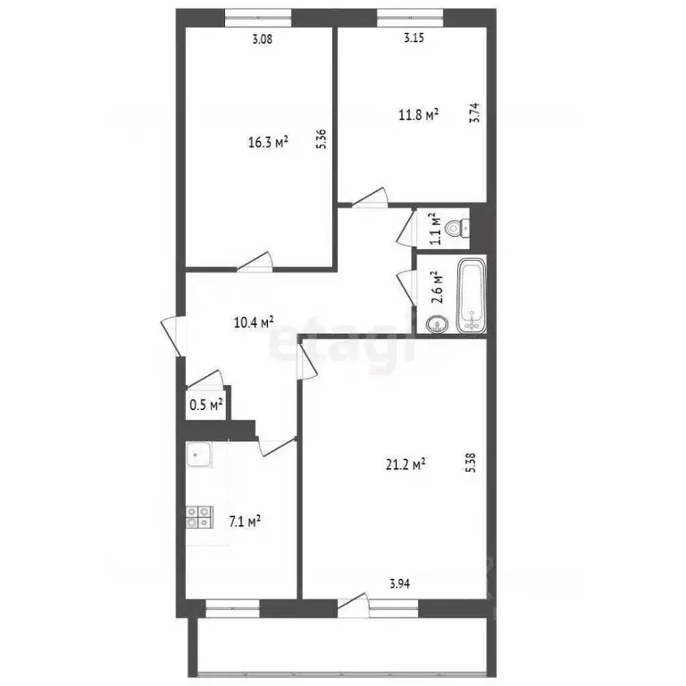 3-к кв. Татарстан, Альметьевск ул. Гафиатуллина, 35 (70.1 м) - Фото 1
