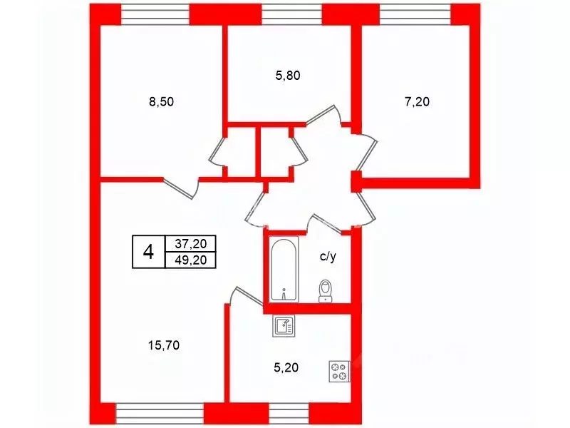 4-к кв. Санкт-Петербург ул. Бурцева, 4 (49.2 м) - Фото 2