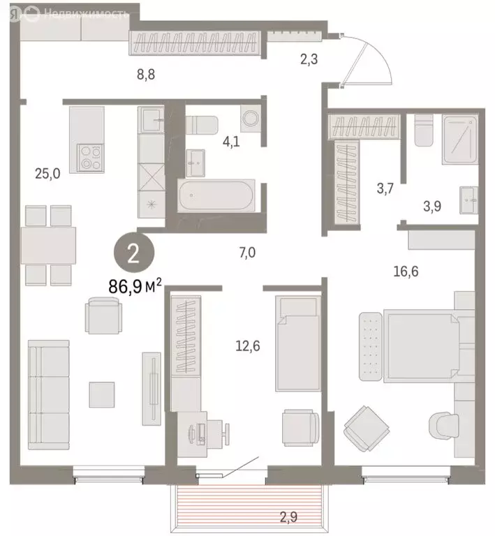 2-комнатная квартира: Курган, жилой район Центральный, ЖК Дом Кино ... - Фото 2