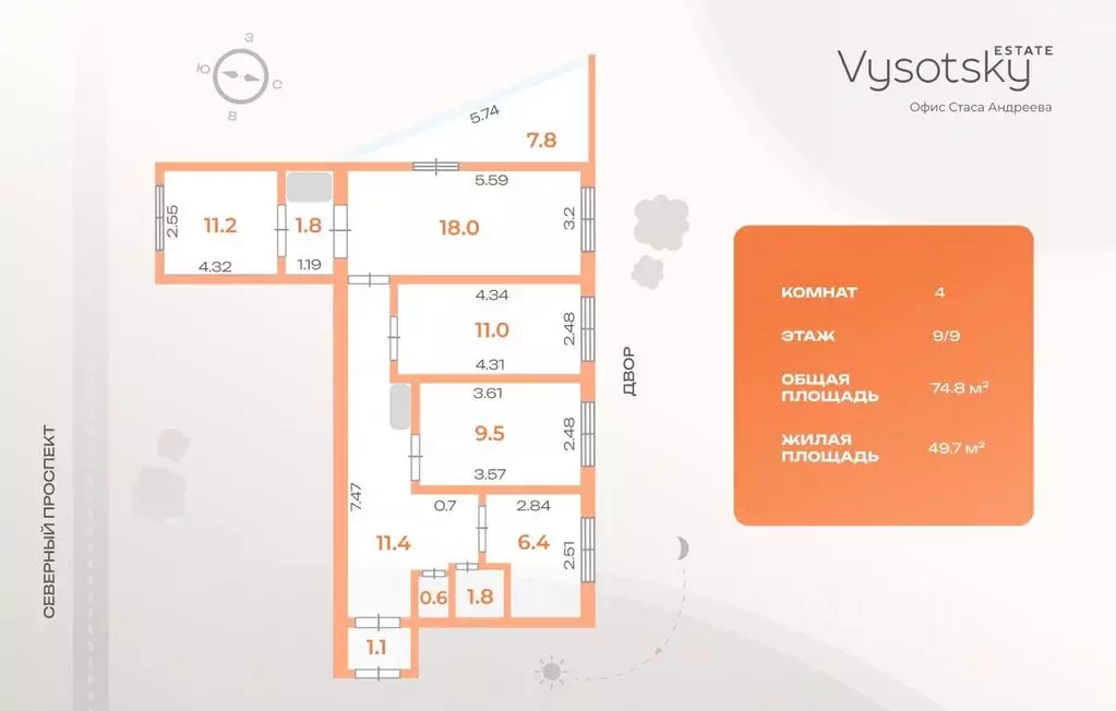 4-к кв. Санкт-Петербург Северный просп., 12К1 (74.8 м) - Фото 2