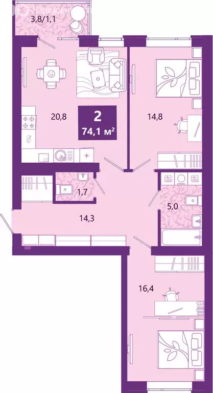 2-комнатная квартира: Калининград, Ключевая улица, 27В (75 м) - Фото 2