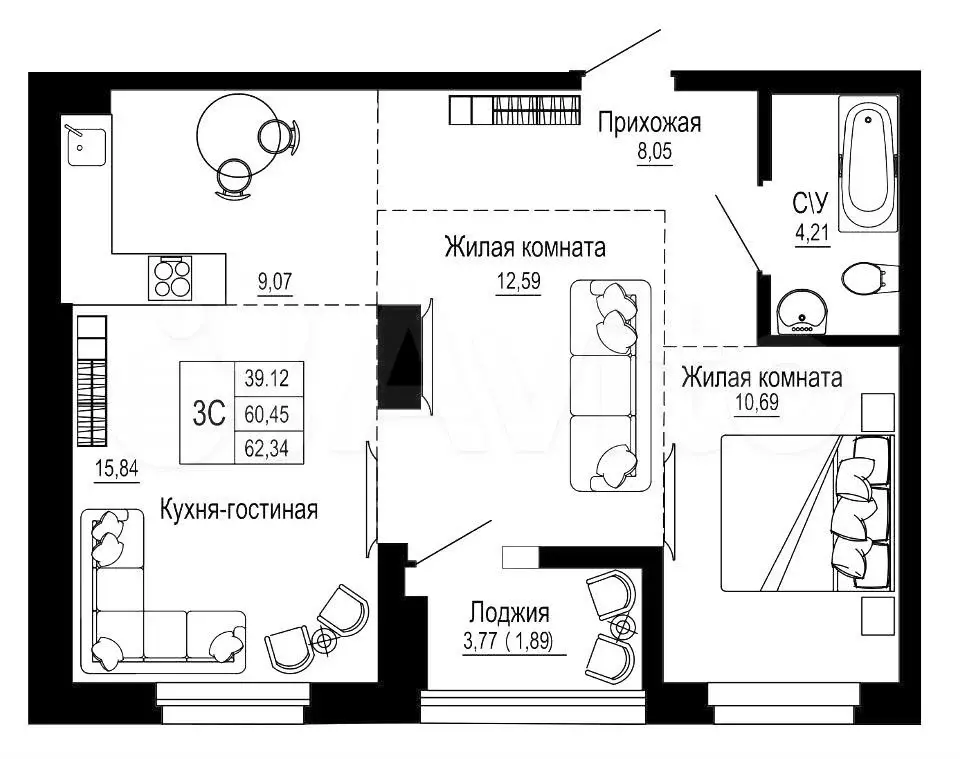 3-к. квартира, 62,3 м, 25/26 эт. - Фото 1