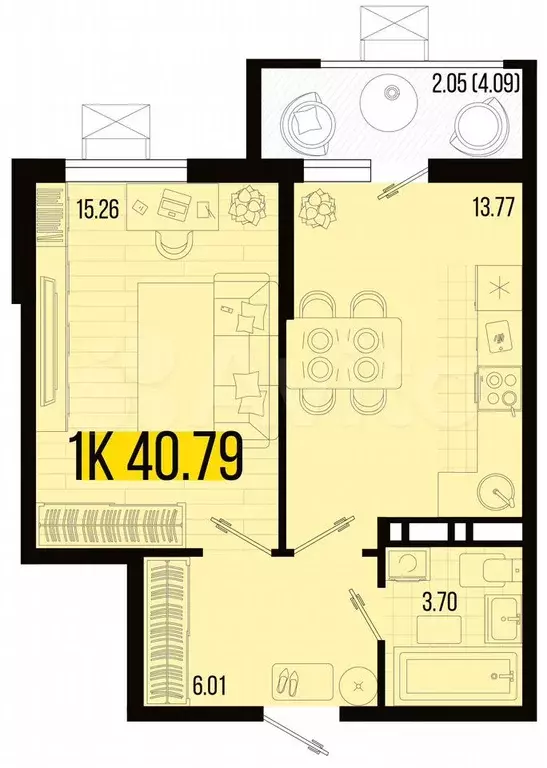 1-к. квартира, 40,8 м, 7/8 эт. - Фото 1
