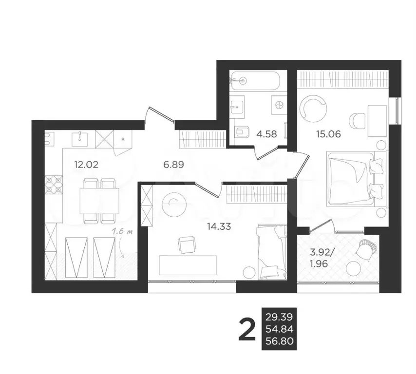 2-к. квартира, 54,8м, 4/4эт. - Фото 1