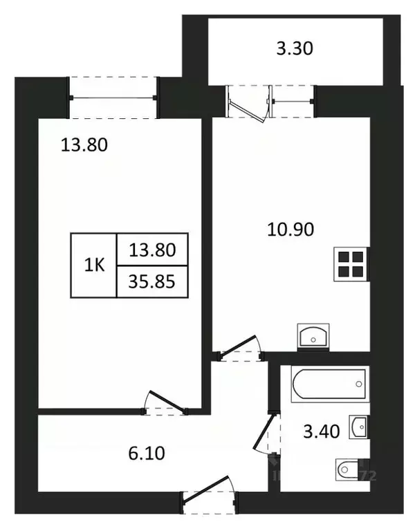 1-к кв. Новосибирская область, Новосибирск  (35.85 м) - Фото 1