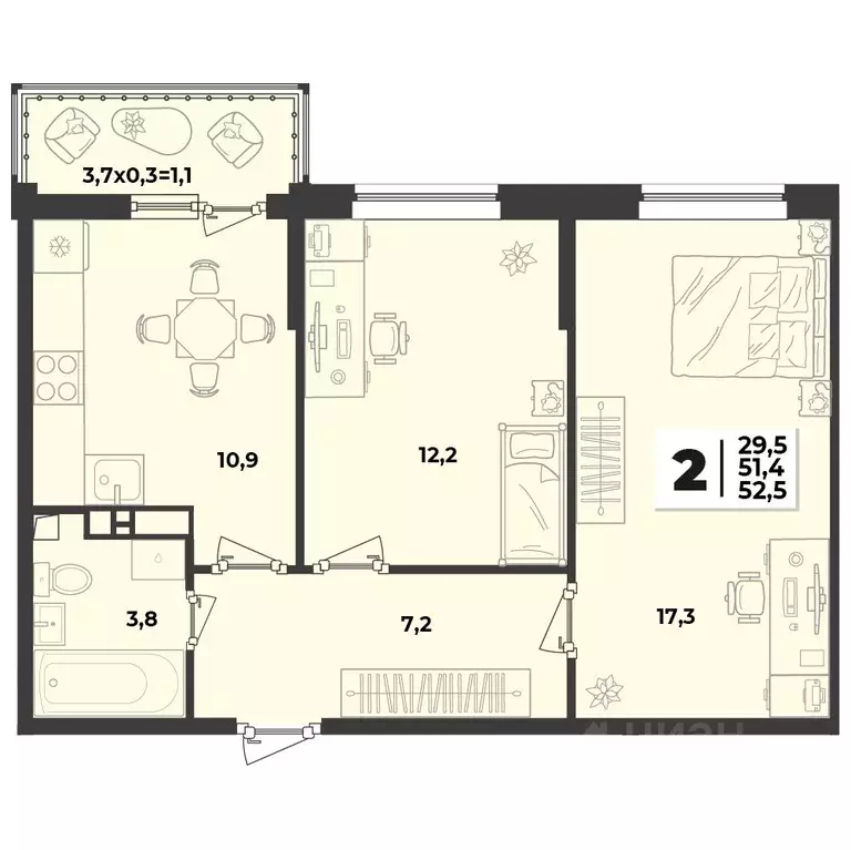 1-к кв. Краснодарский край, Краснодар  (42.9 м) - Фото 1