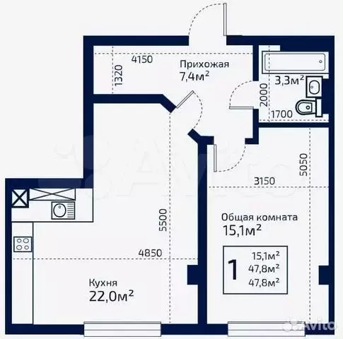 2-к. квартира, 59,3 м, 8/9 эт. - Фото 0