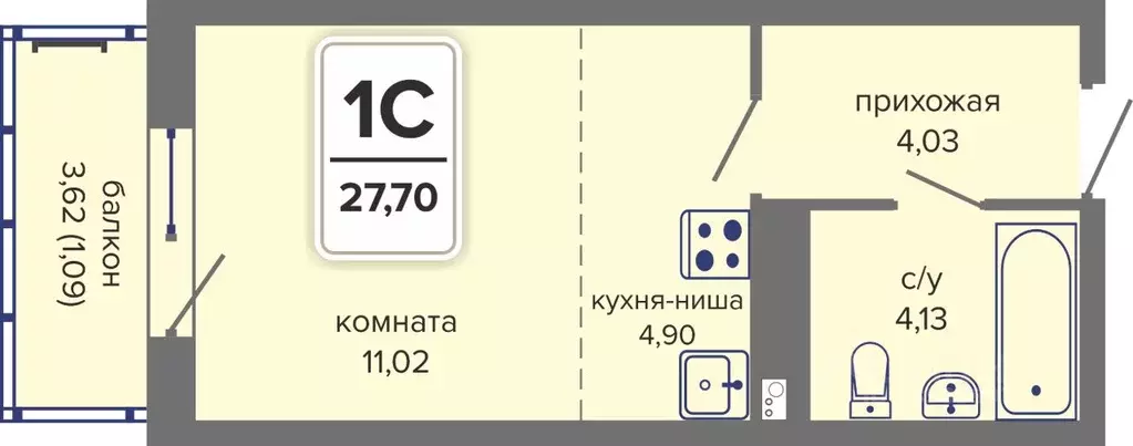 Студия Пермский край, Пермь Гайва мкр,  (27.7 м) - Фото 1